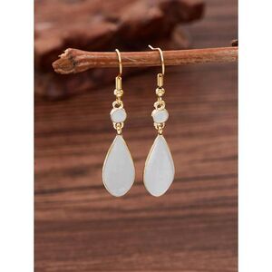 Fashionable Teardrop Dangle Drop Earrings White Enamel Goldtone Jewelry New